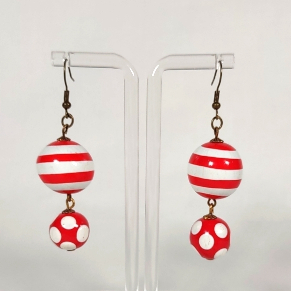 Handmade Red and White Wood Bead Fishhook Post Earrings - Picture 2 of 7
